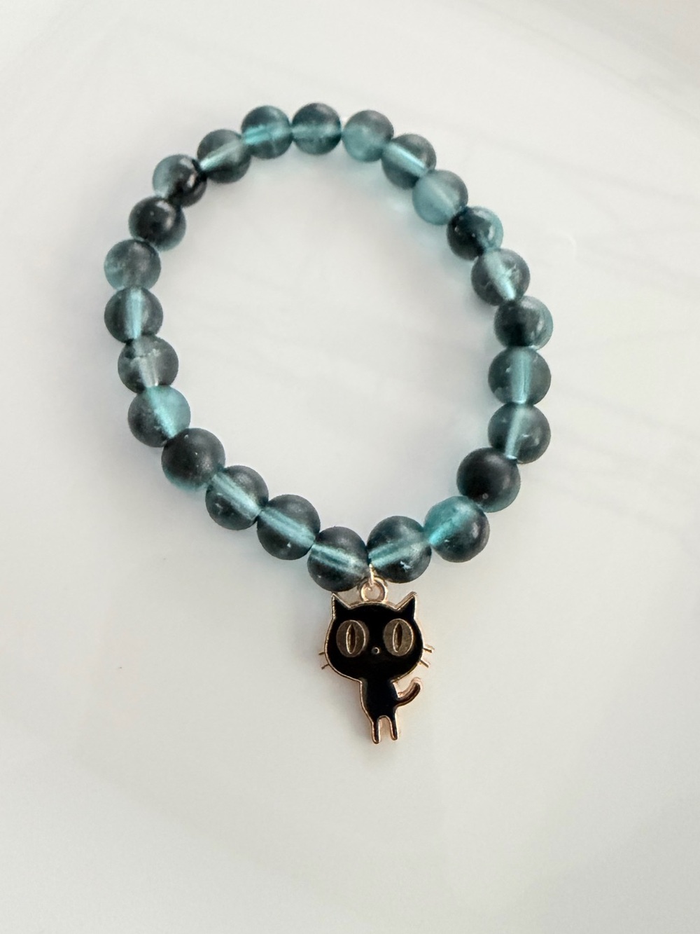 Teal Glass Bead Bracelet with Black Cat Charm